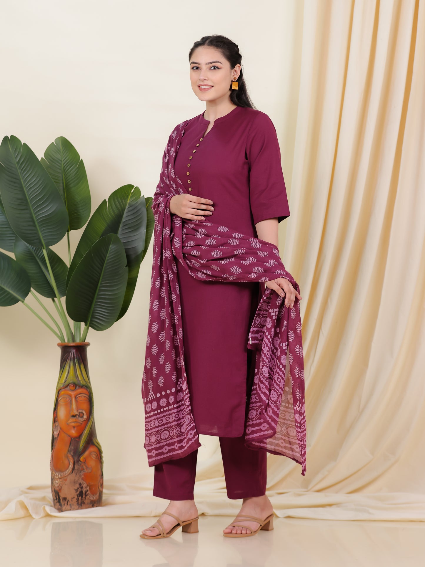Linen Cotton Solid Straight Maroon Kurta
