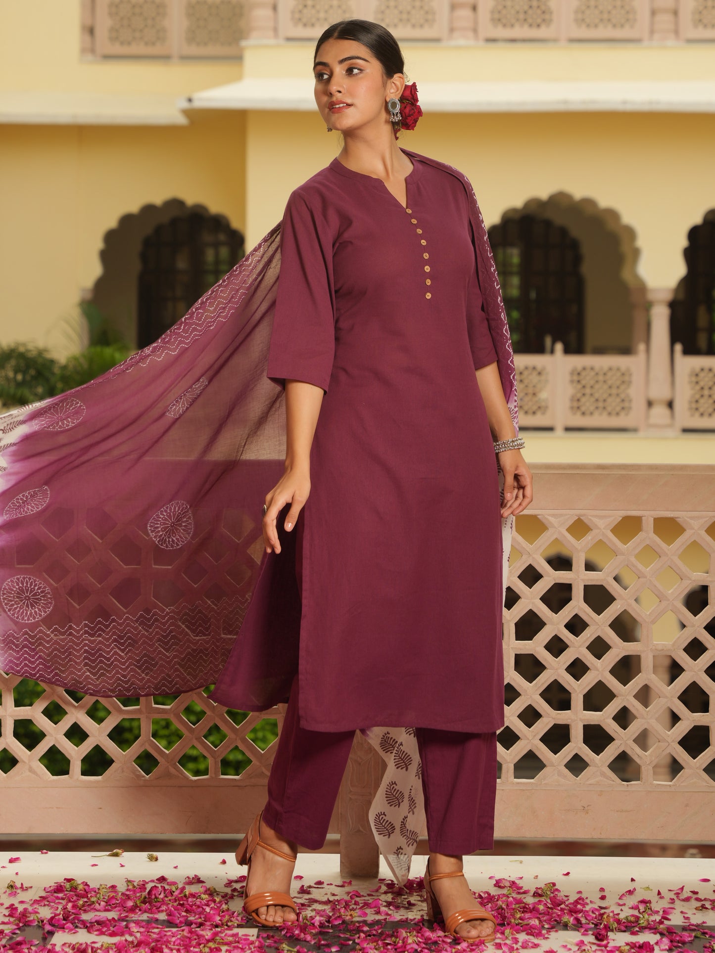Linen Cotton Solid Straight Maroon Kurta