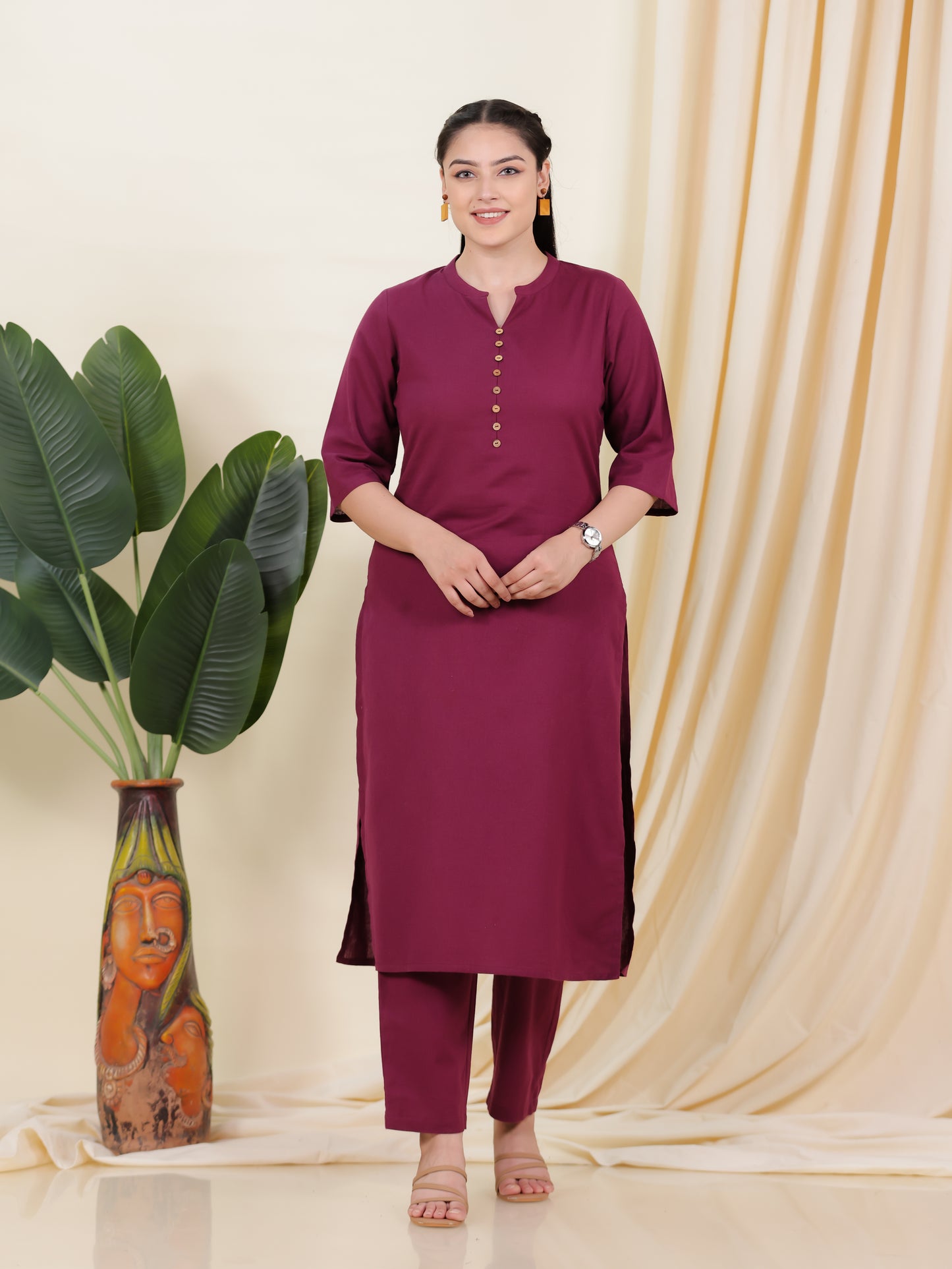 Linen Cotton Solid Straight Maroon Kurta