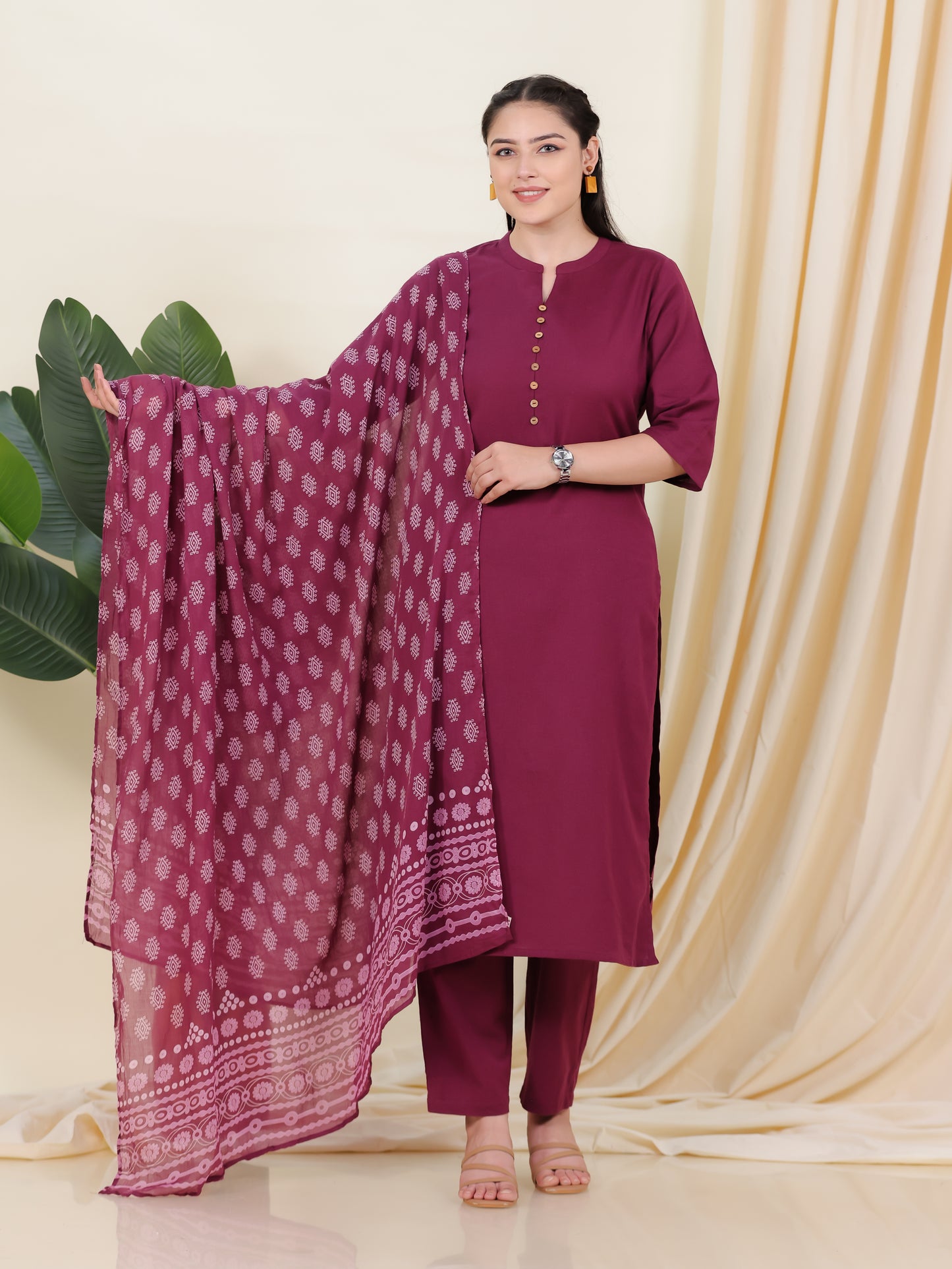 Linen Cotton Solid Straight Maroon Kurta