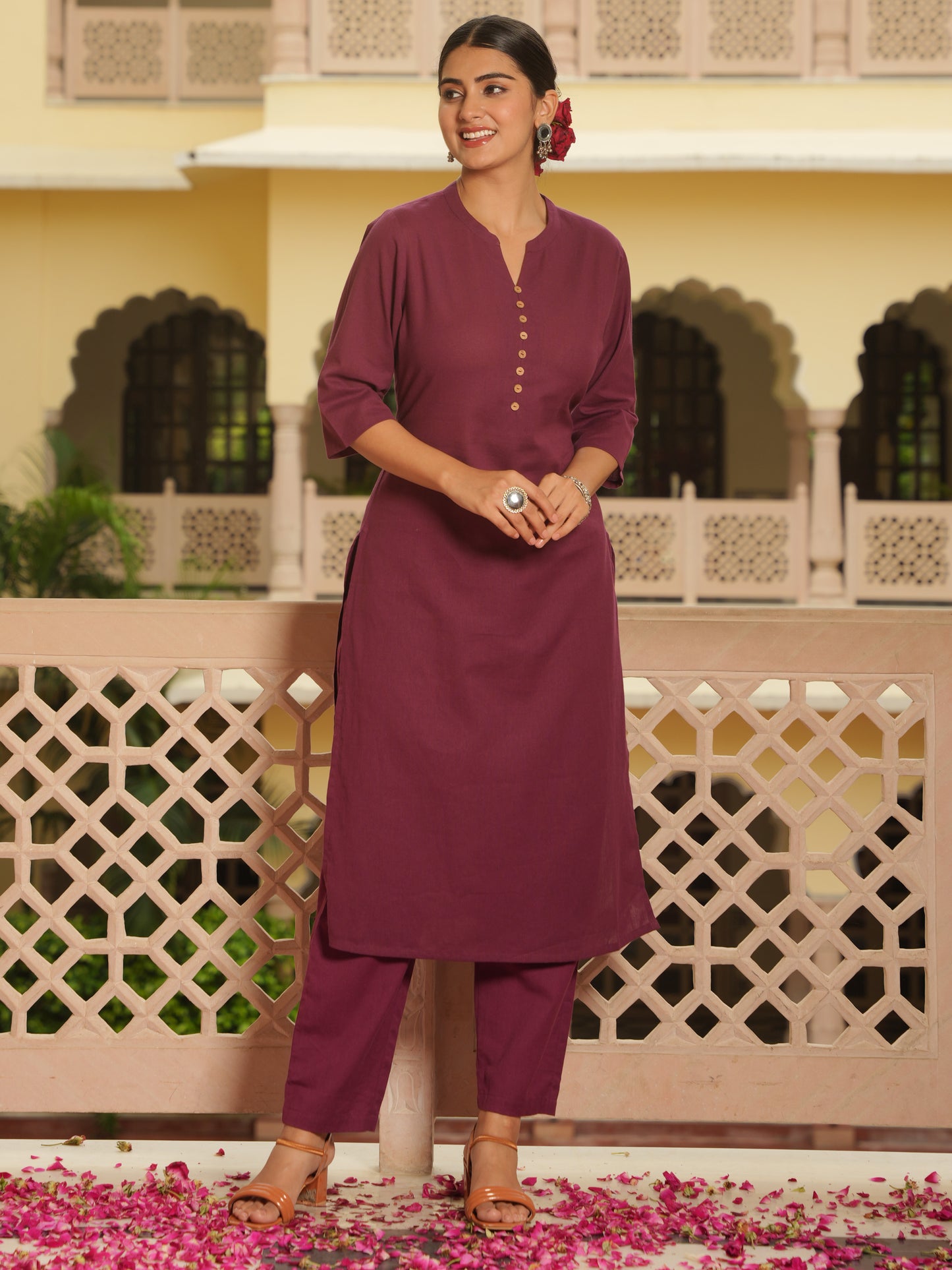 Linen Cotton Solid Straight Maroon Kurta