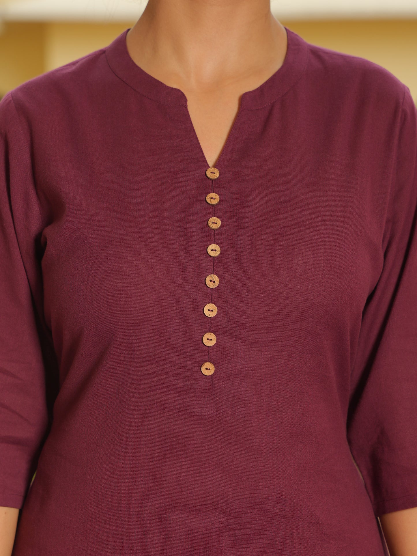 Linen Cotton Solid Straight Maroon Kurta