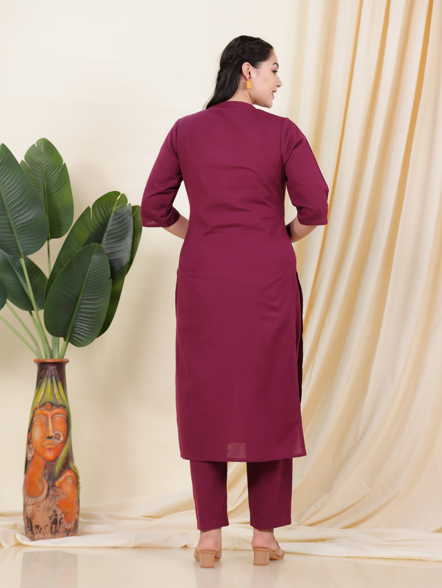 Linen Cotton Solid Straight Maroon Kurta