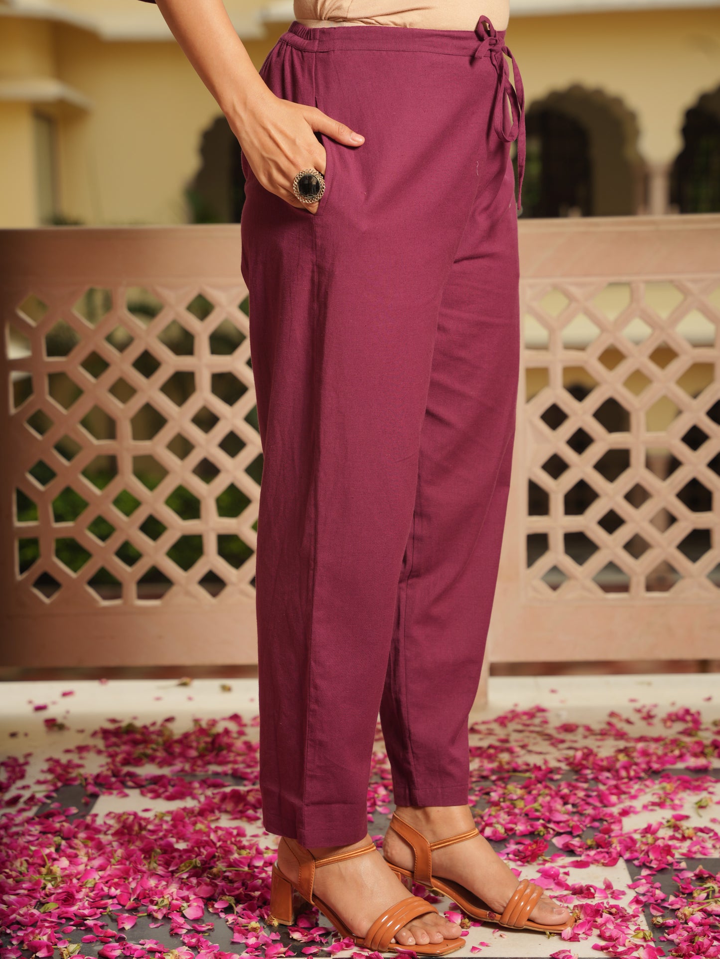 Linen Cotton Solid Straight Maroon Kurta