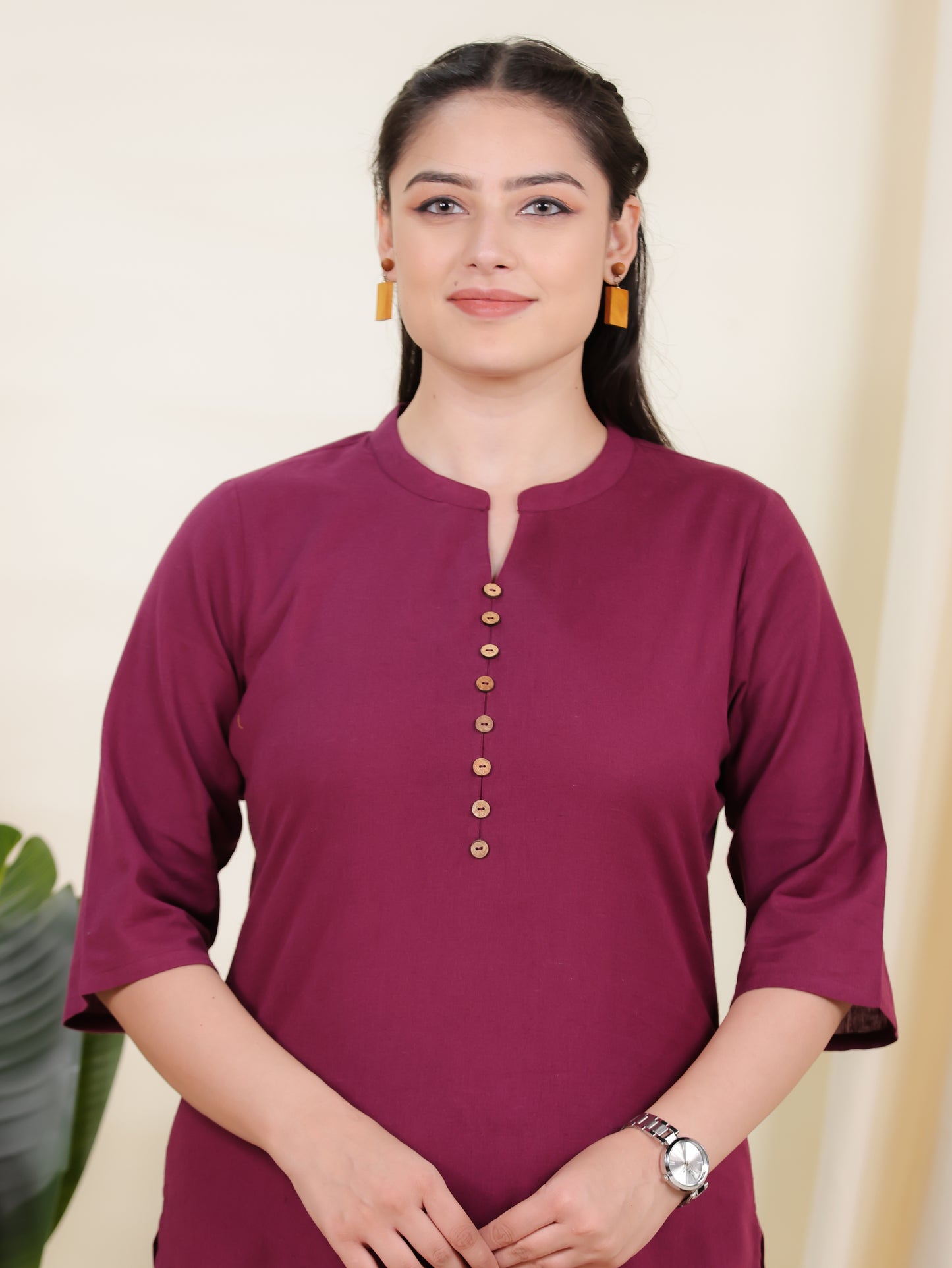 Linen Cotton Solid Straight Maroon Kurta