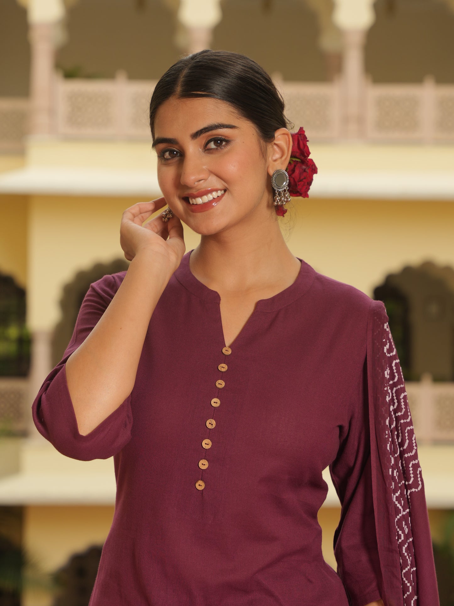 Linen Cotton Solid Straight Maroon Kurta