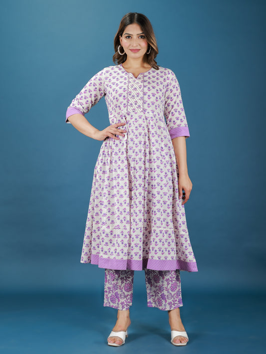 Soft Cotton Floral Anarkali White Kurta