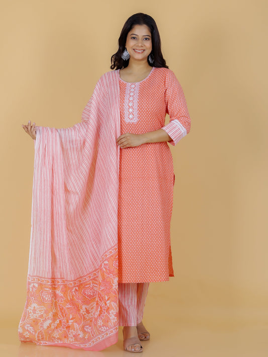 Kantha Cotton Floral Straight Pink Kurta