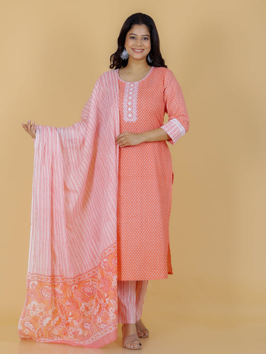Kantha Cotton Floral Straight Pink Kurta