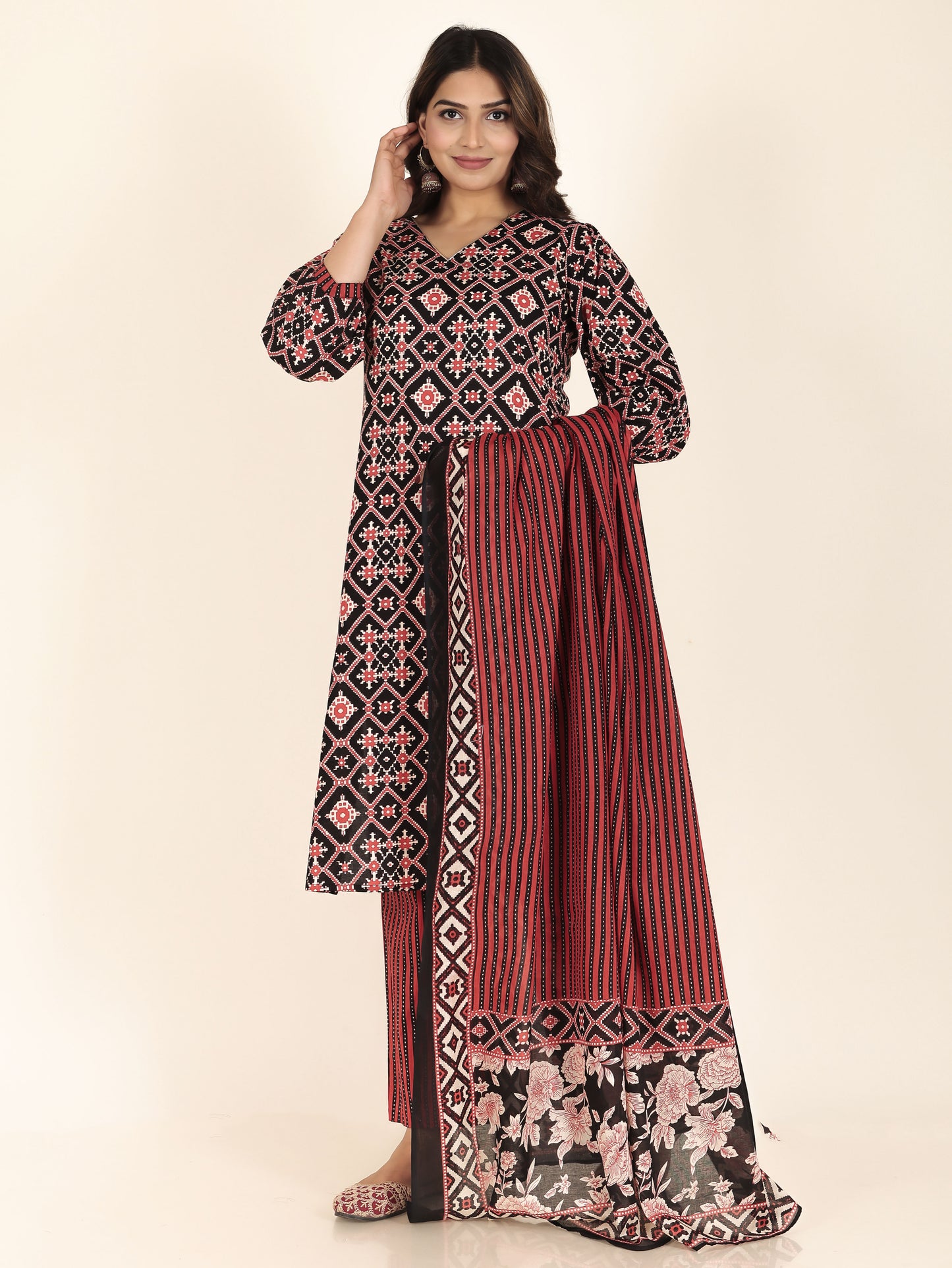 Soft Cotton Ikat Straight Black Kurta