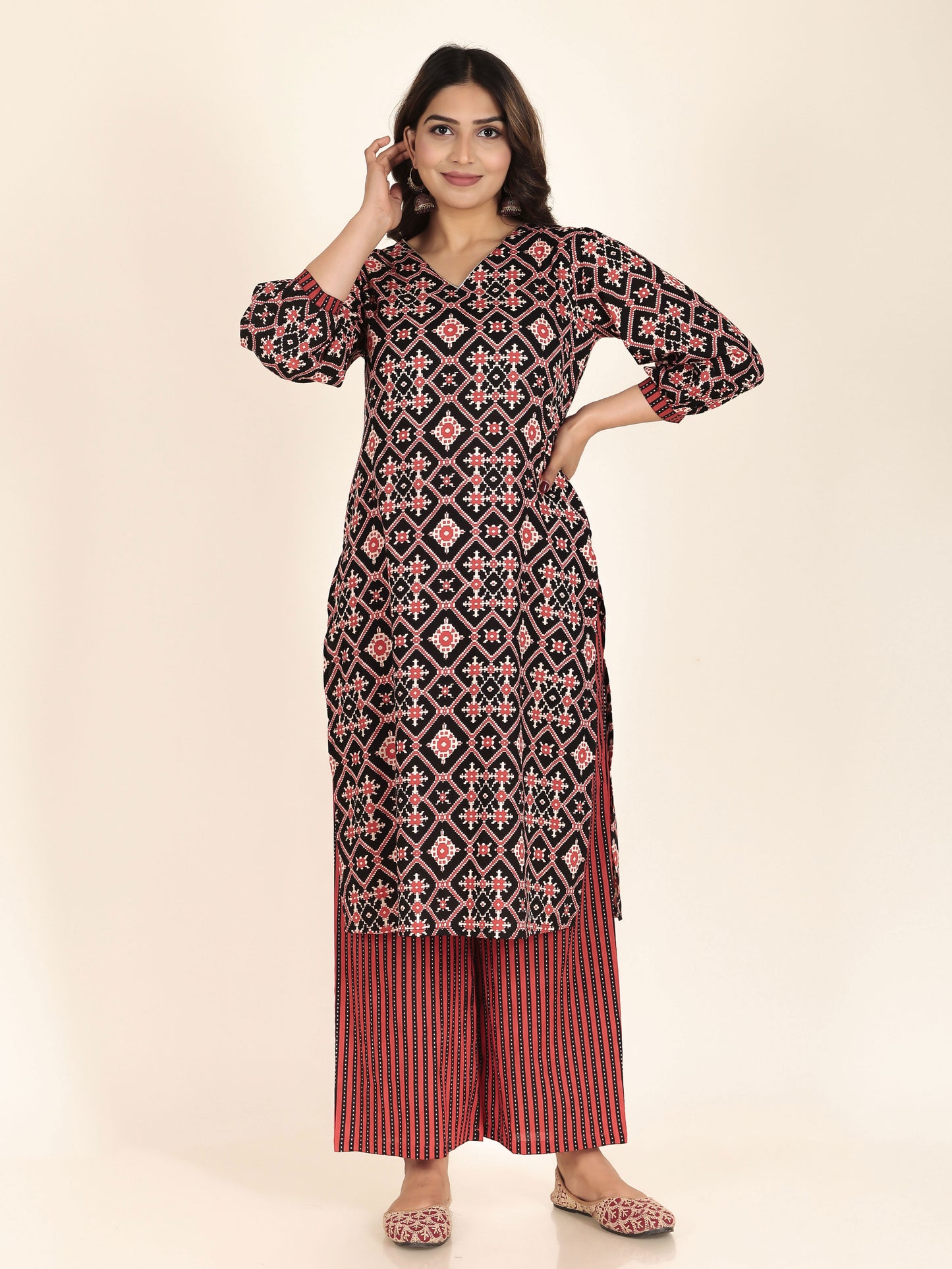 Soft Cotton Ikat Straight Black Kurta