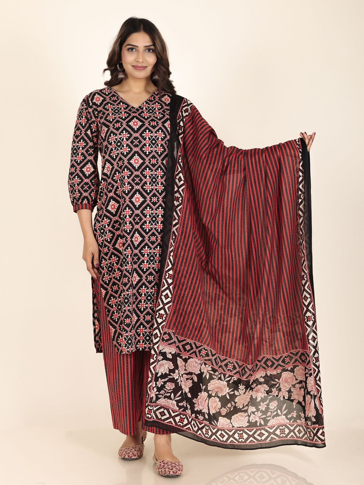 Soft Cotton Ikat Straight Black Kurta