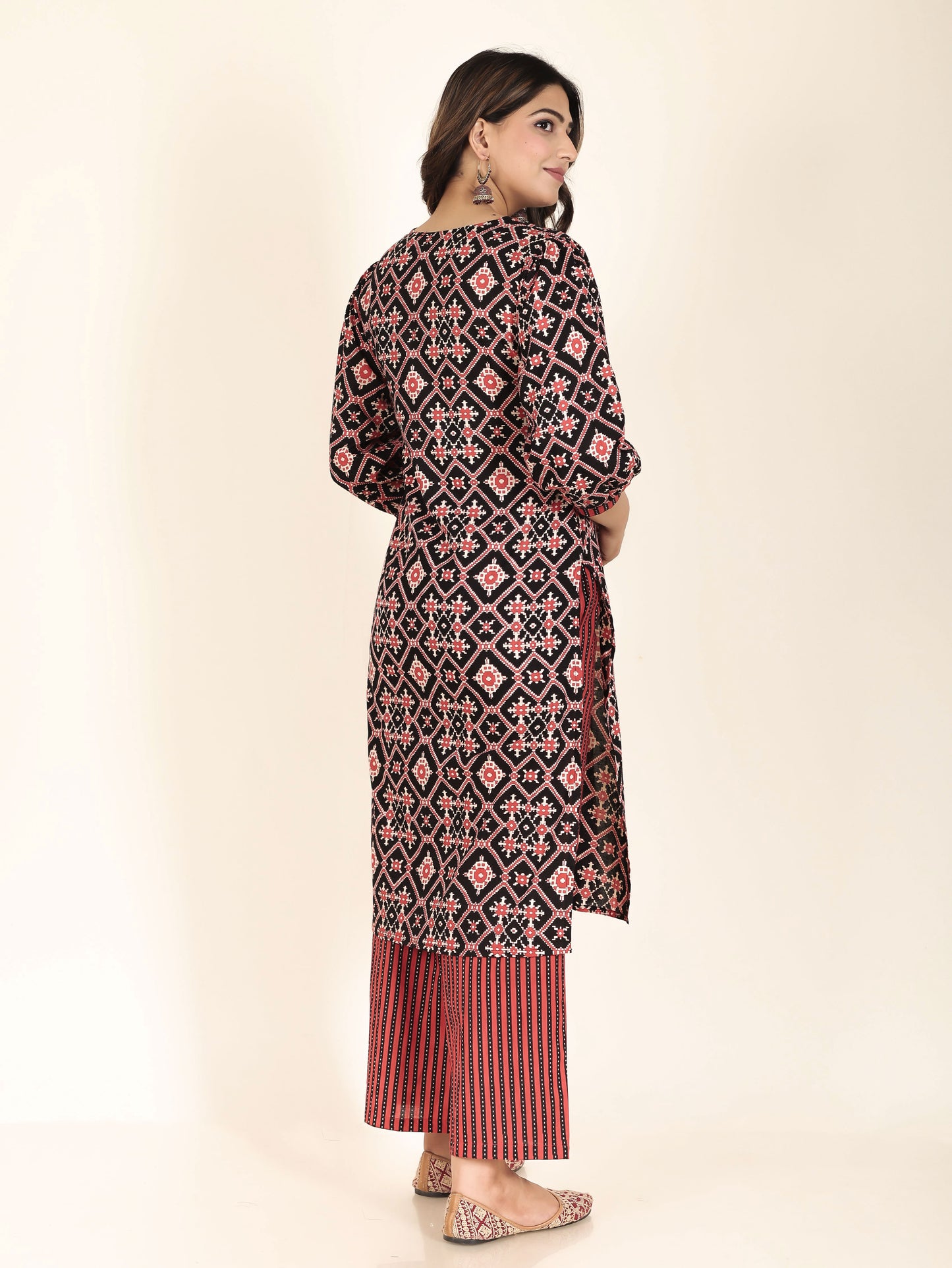 Soft Cotton Ikat Straight Black Kurta