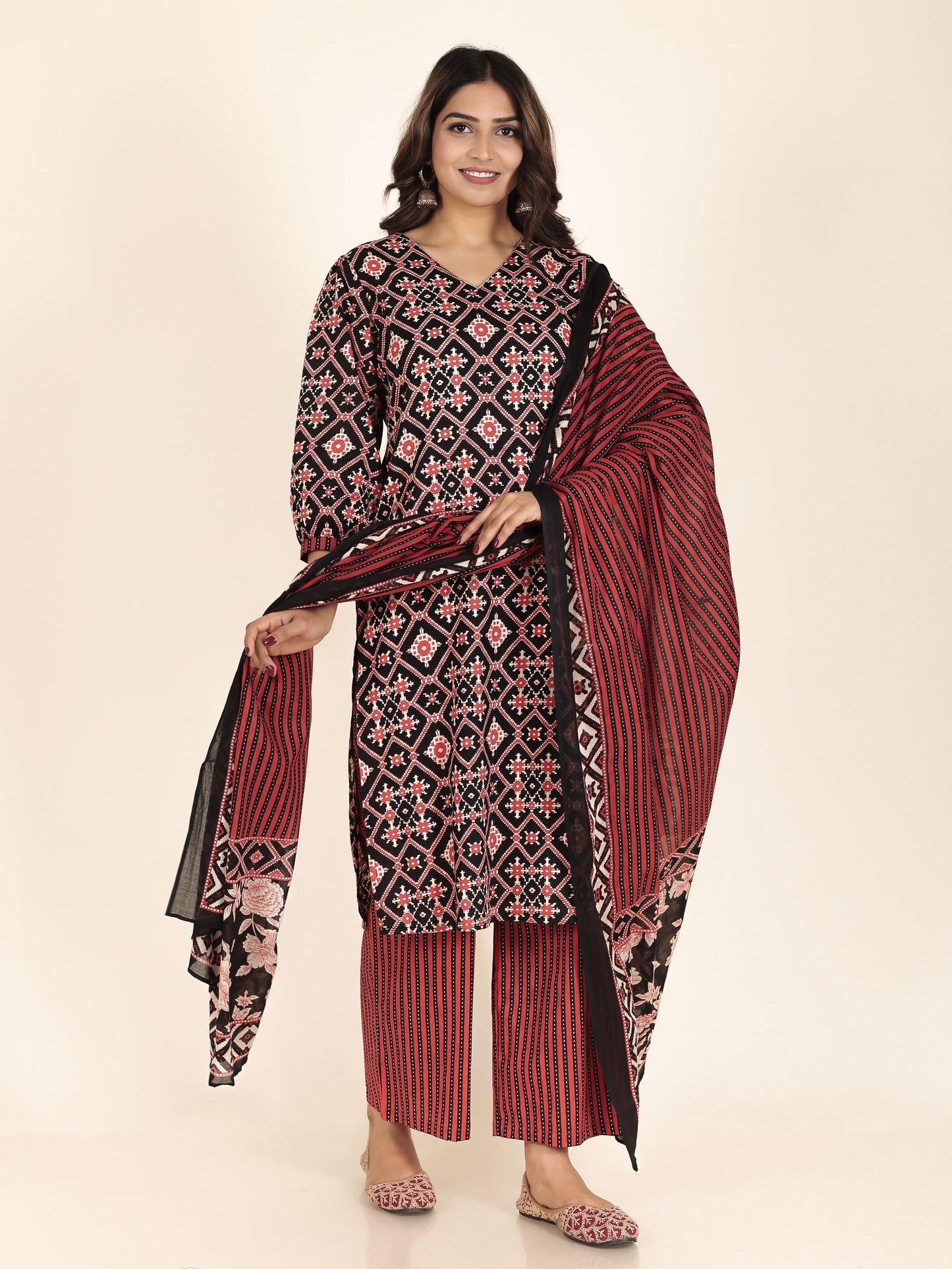 Soft Cotton Ikat Straight Black Kurta