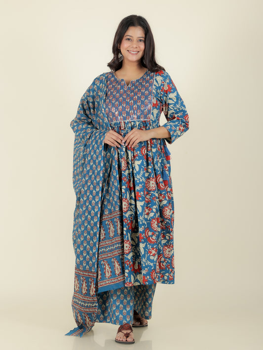 Cotton Voile Block Print Teal Dupatta