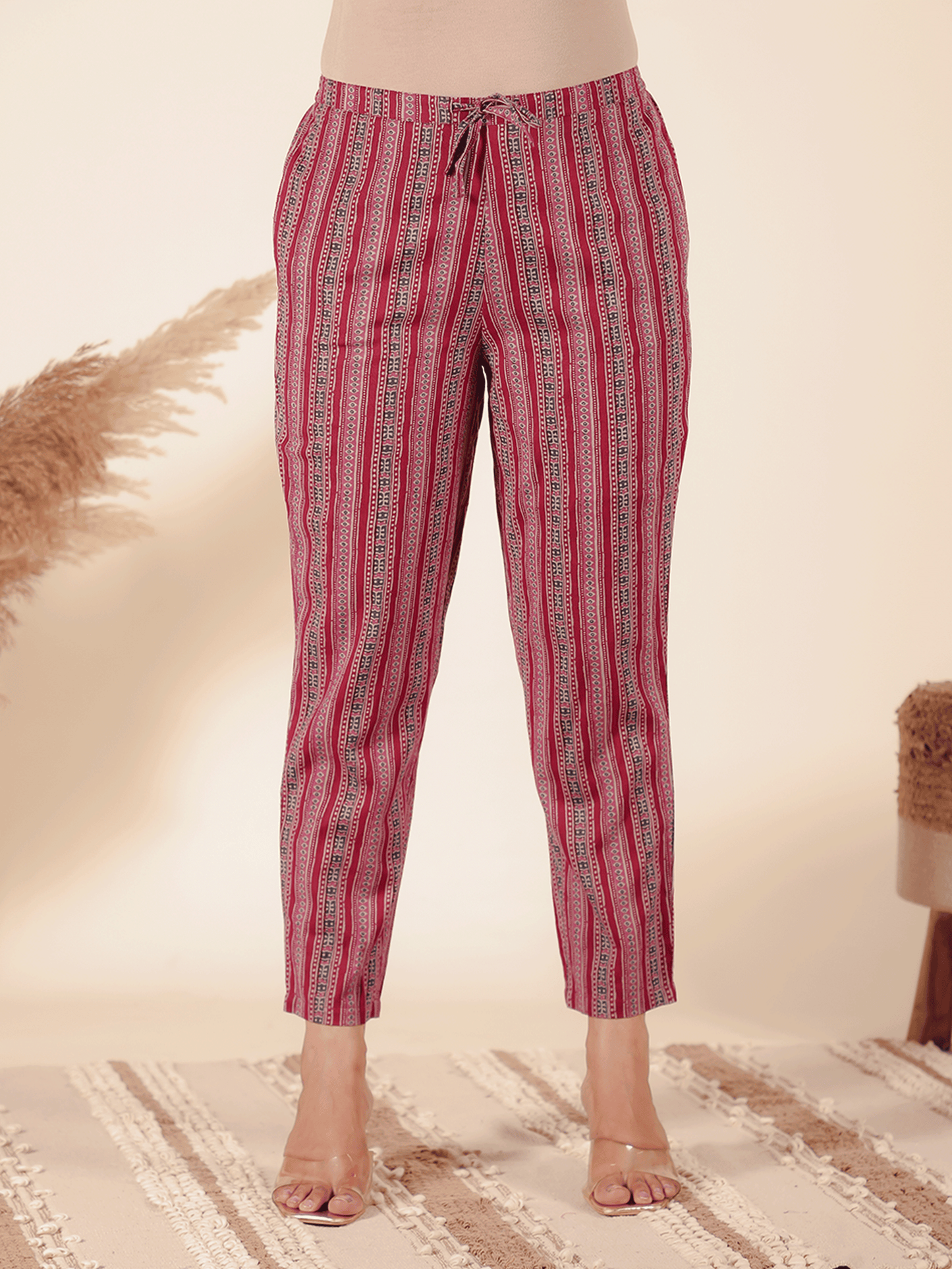 Linen Cotton Striped Maroon Tapered Trousers
