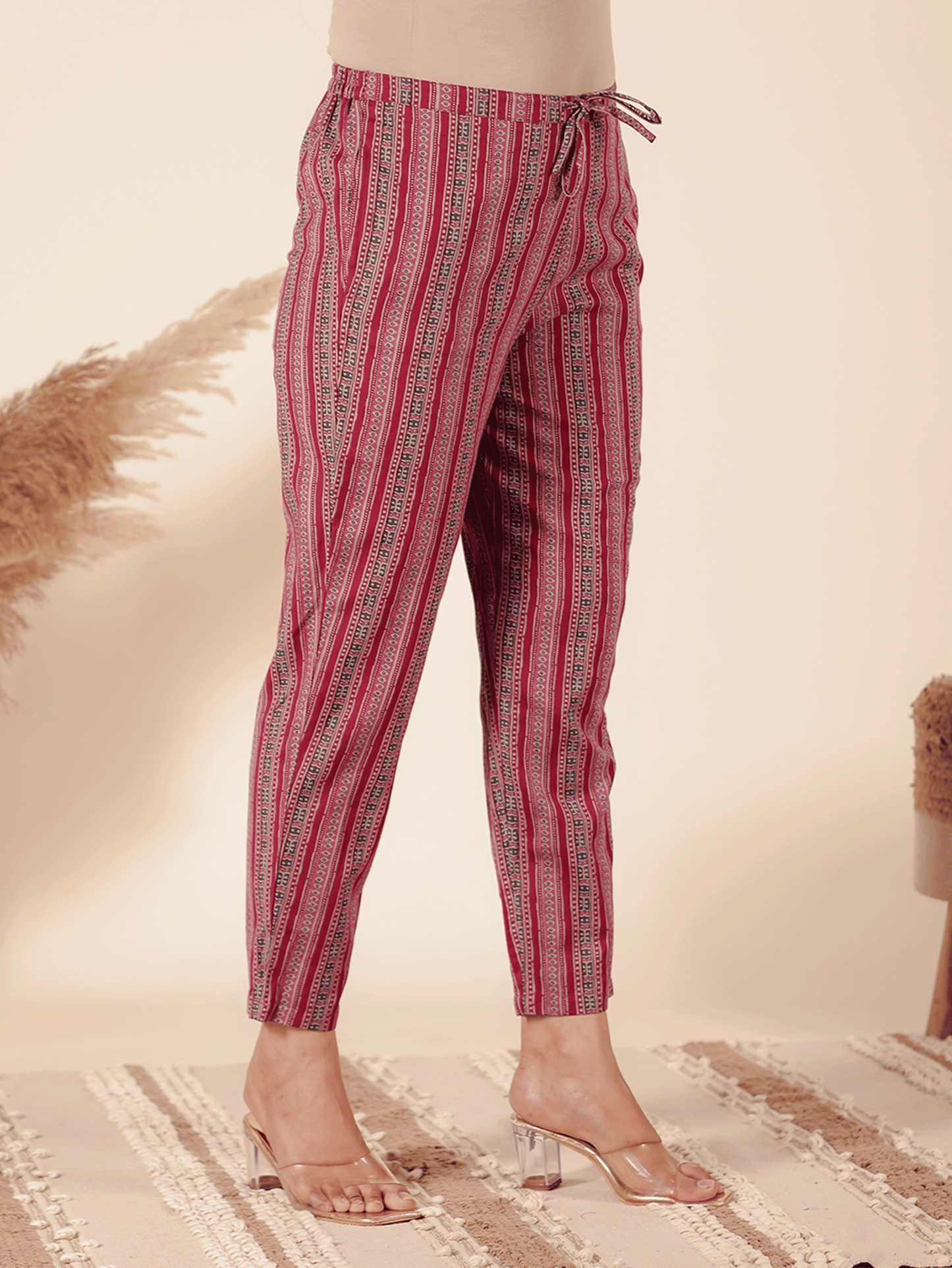 Linen Cotton Striped Maroon Tapered Trousers