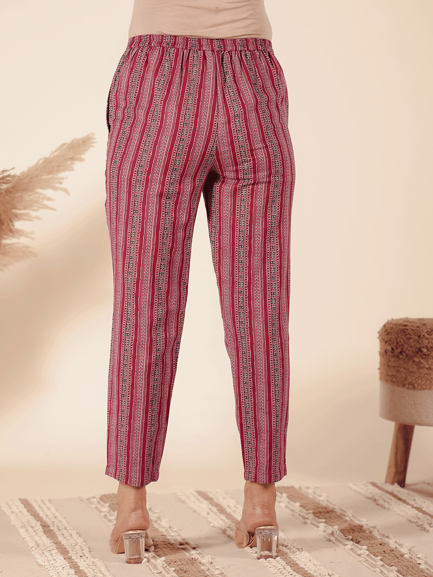 Linen Cotton Striped Maroon Tapered Trousers