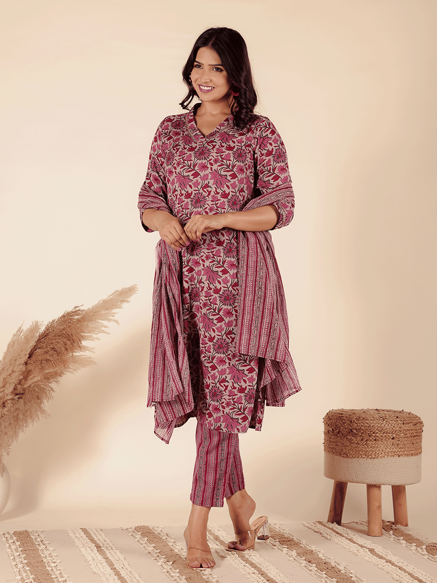 Linen Cotton Floral Straight Maroon Kurta