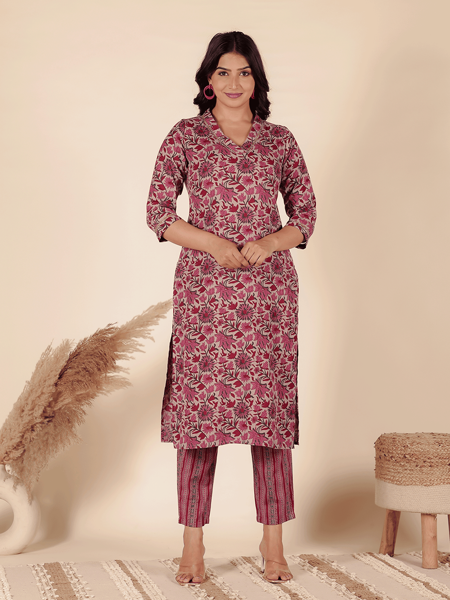 Linen Cotton Floral Straight Maroon Kurta