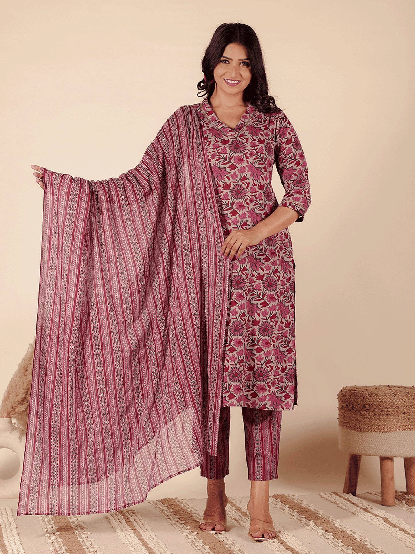 Linen Cotton Floral Straight Maroon Kurta