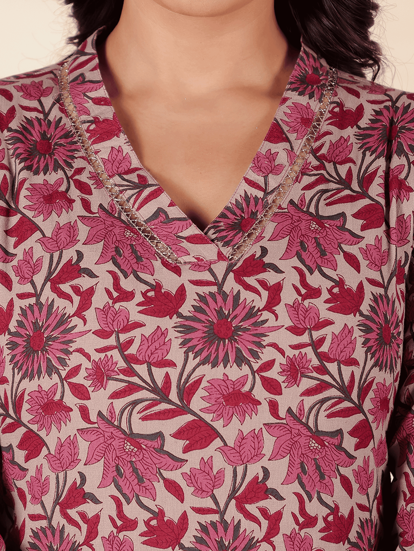 Linen Cotton Floral Straight Maroon Kurta