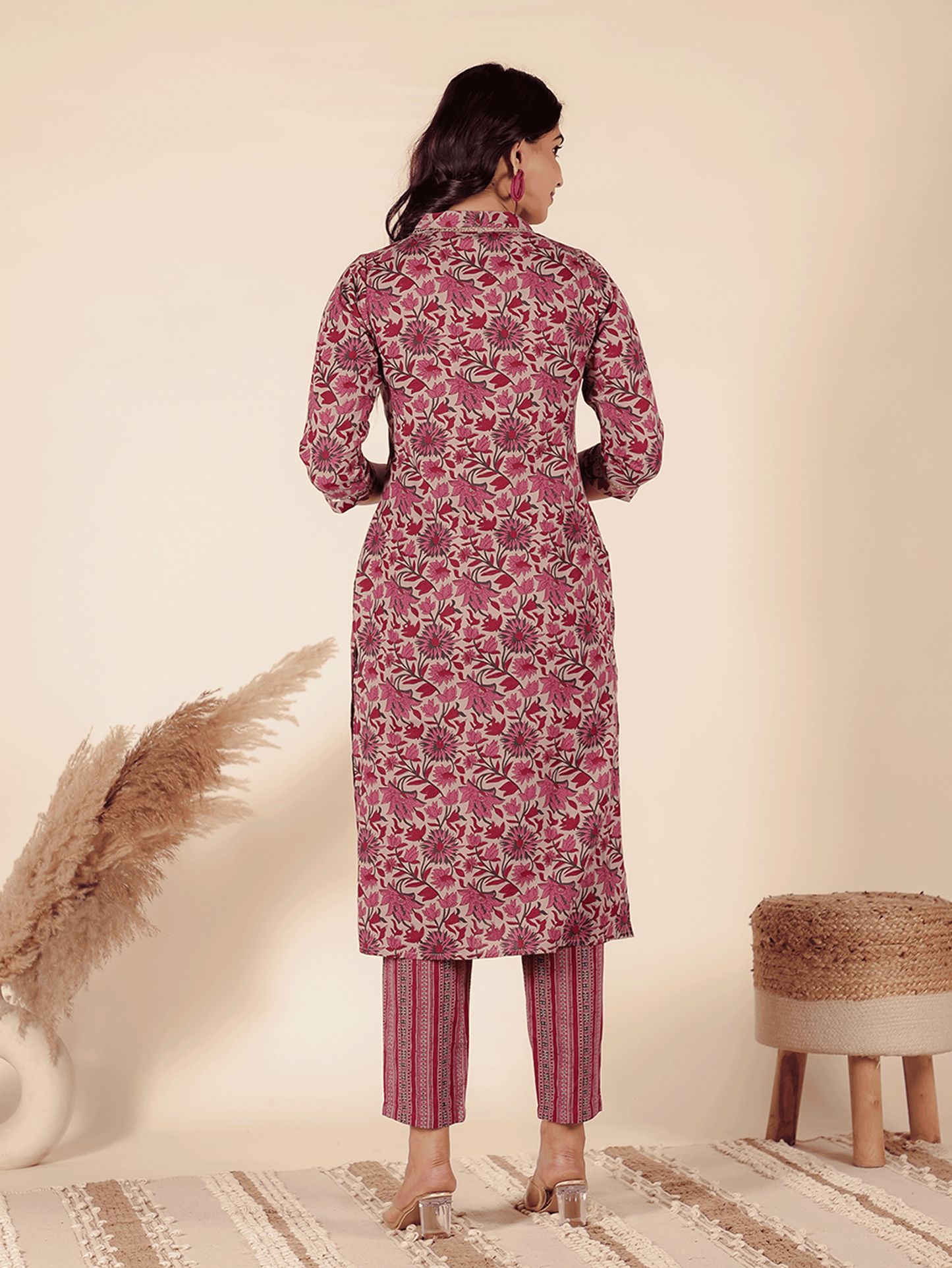 Linen Cotton Floral Straight Maroon Kurta