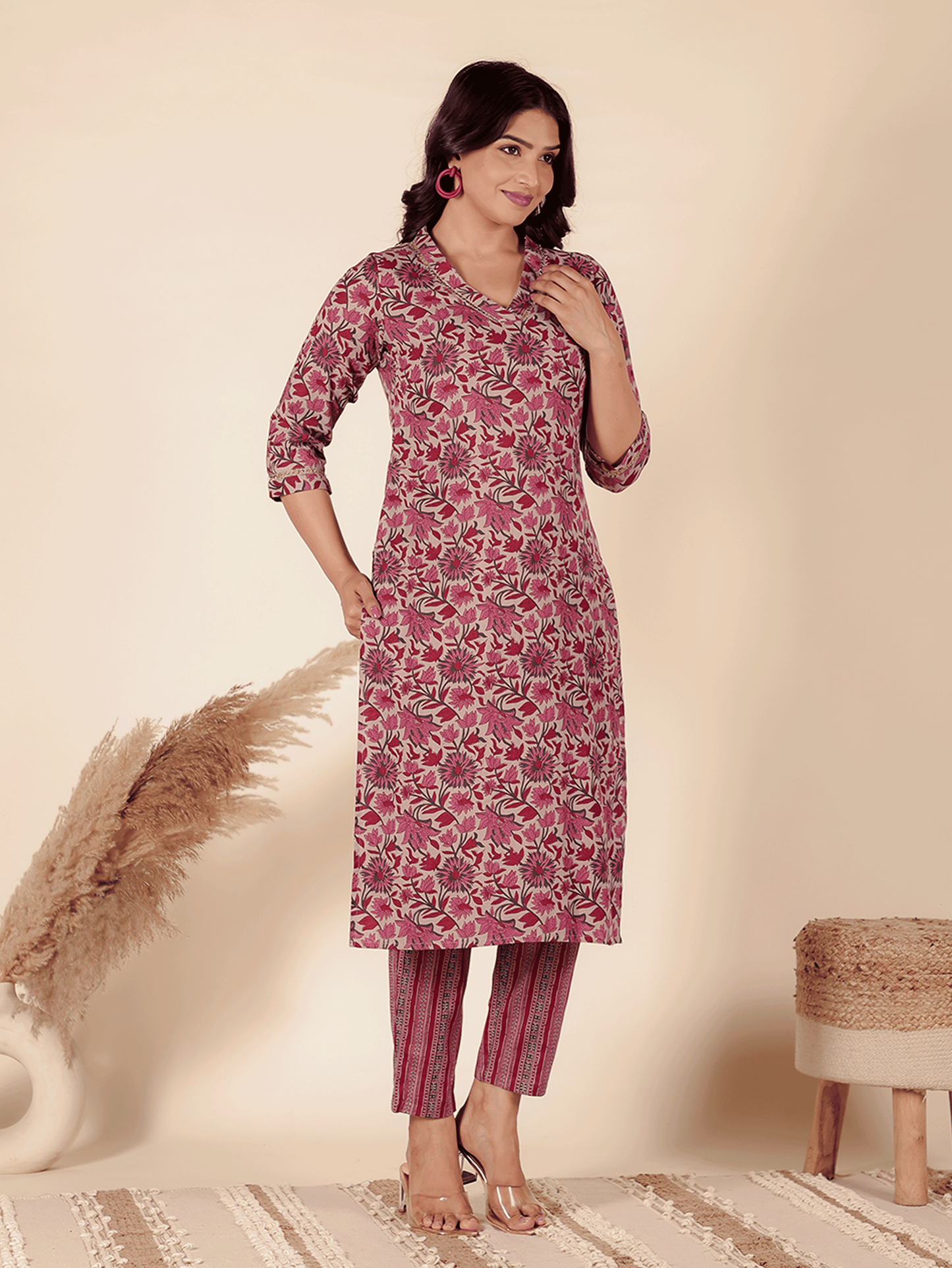 Linen Cotton Floral Straight Maroon Kurta
