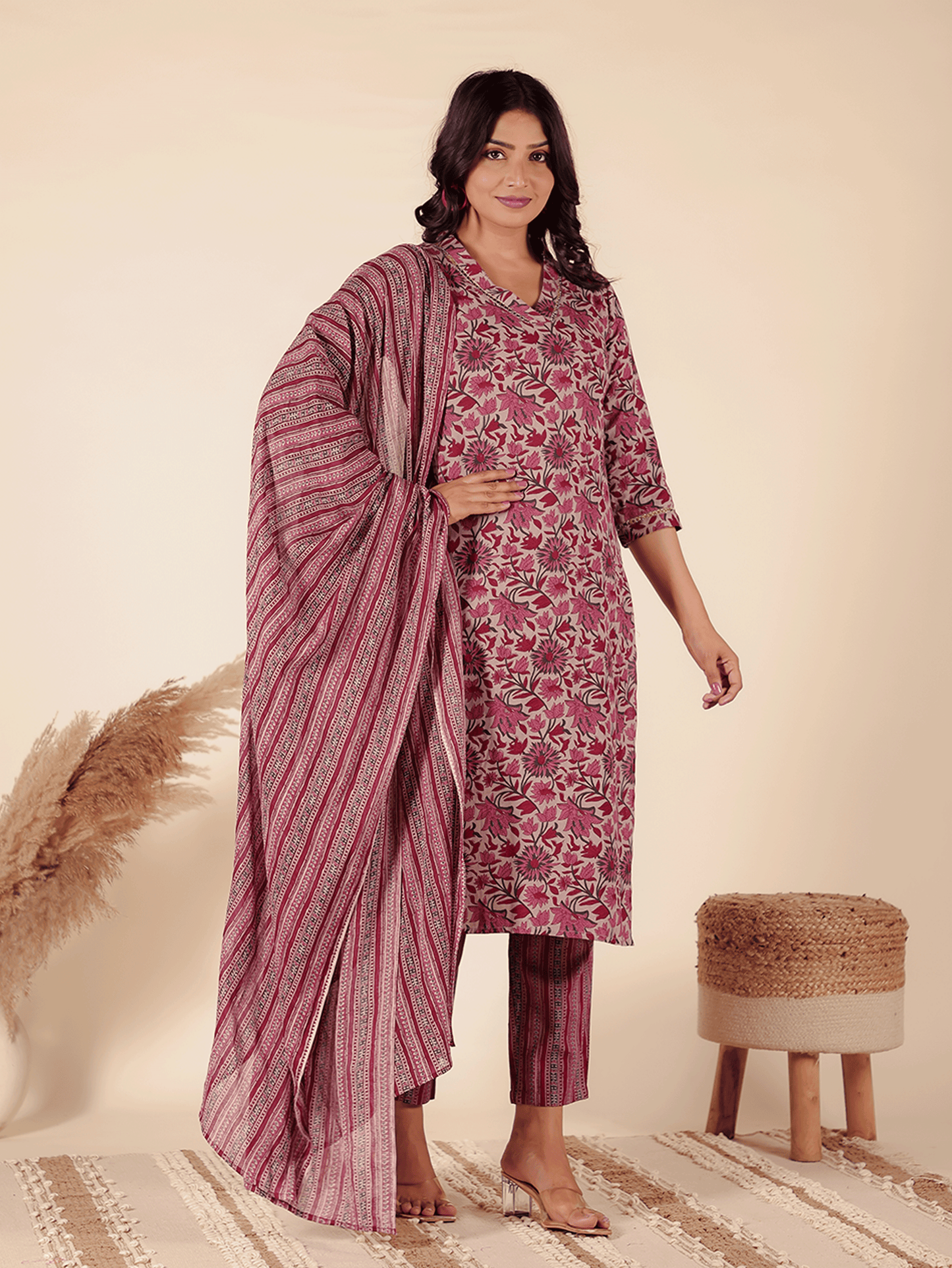 Linen Cotton Floral Straight Maroon Kurta