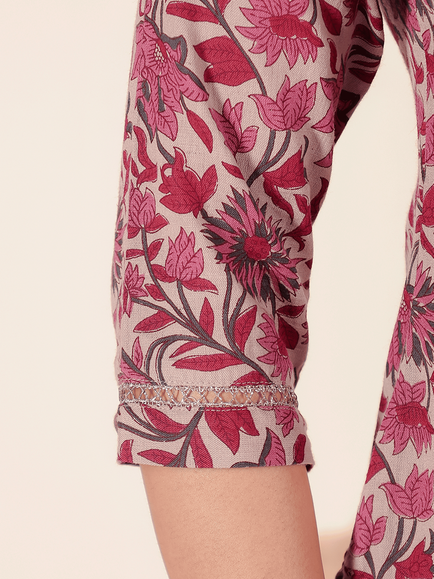 Linen Cotton Floral Straight Maroon Kurta