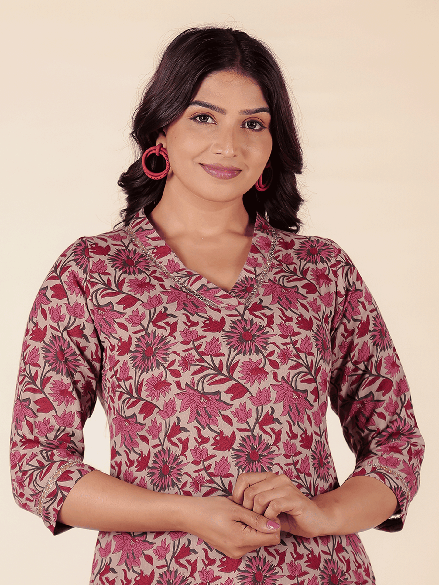 Linen Cotton Floral Straight Maroon Kurta