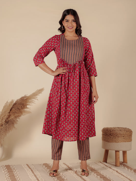 Soft Cotton Block A-line Red Kurta