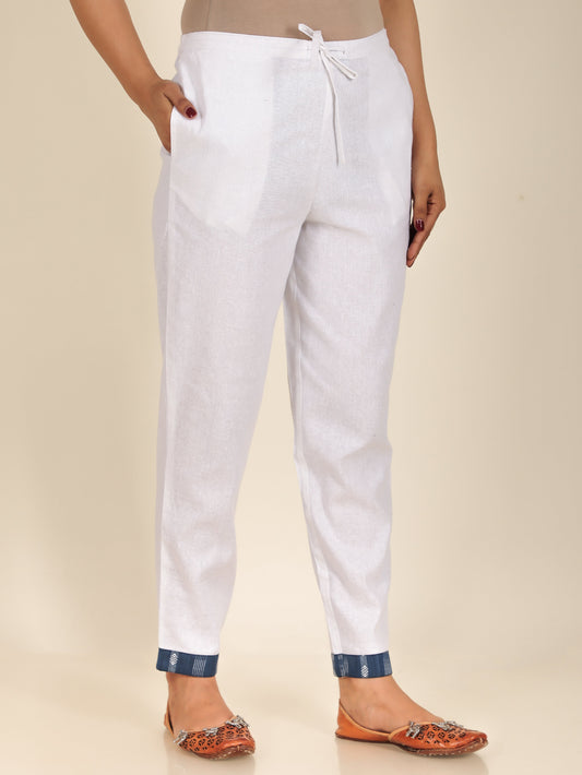 Blend Cotton Solid White Tapered Trousers