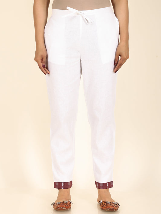 Blend Cotton Solid White Tapered Trousers