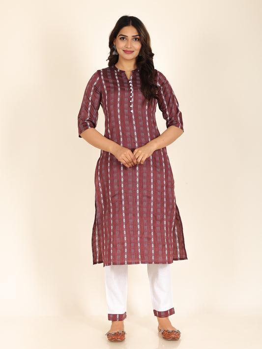 Blend Cotton Self Design Straight Maroon Kurta