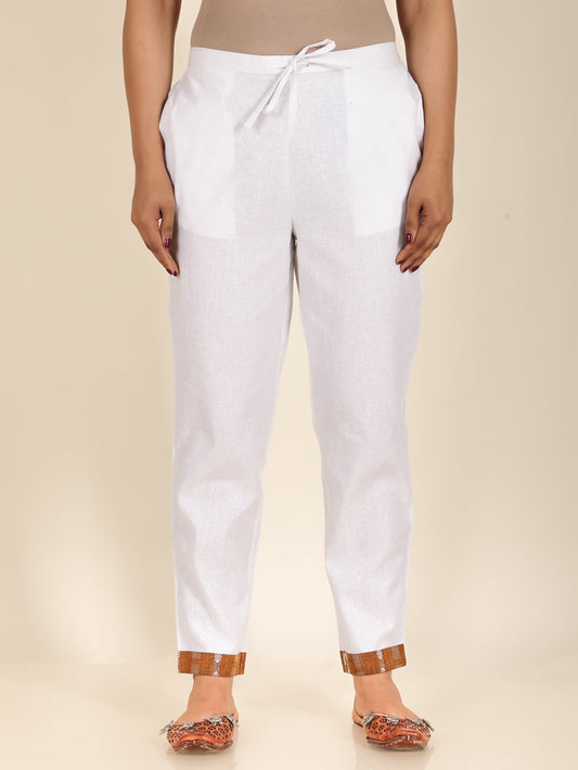 Blend Cotton Solid White Tapered Trousers