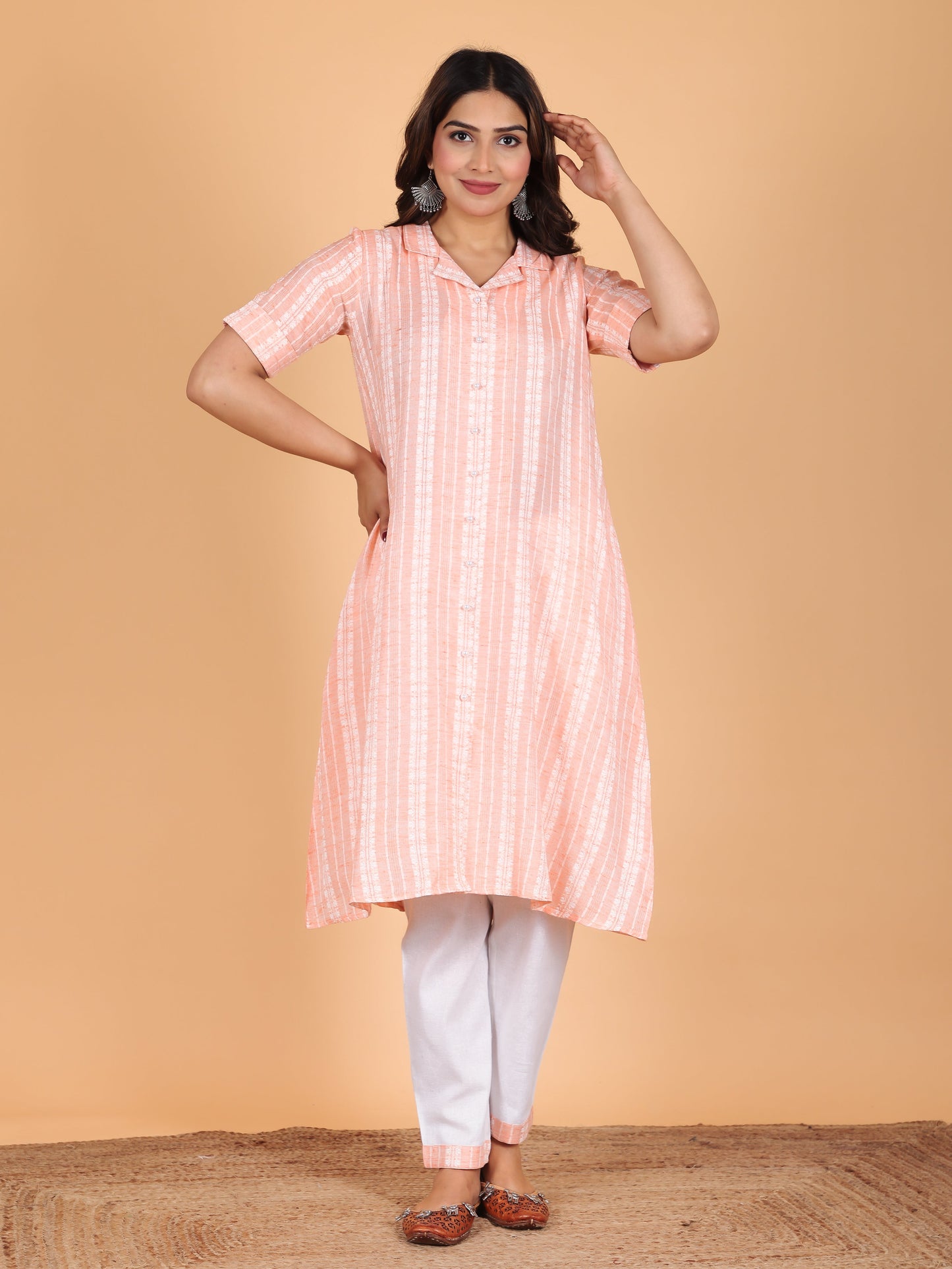 Blend Cotton Self Design A-line Pink Kurta