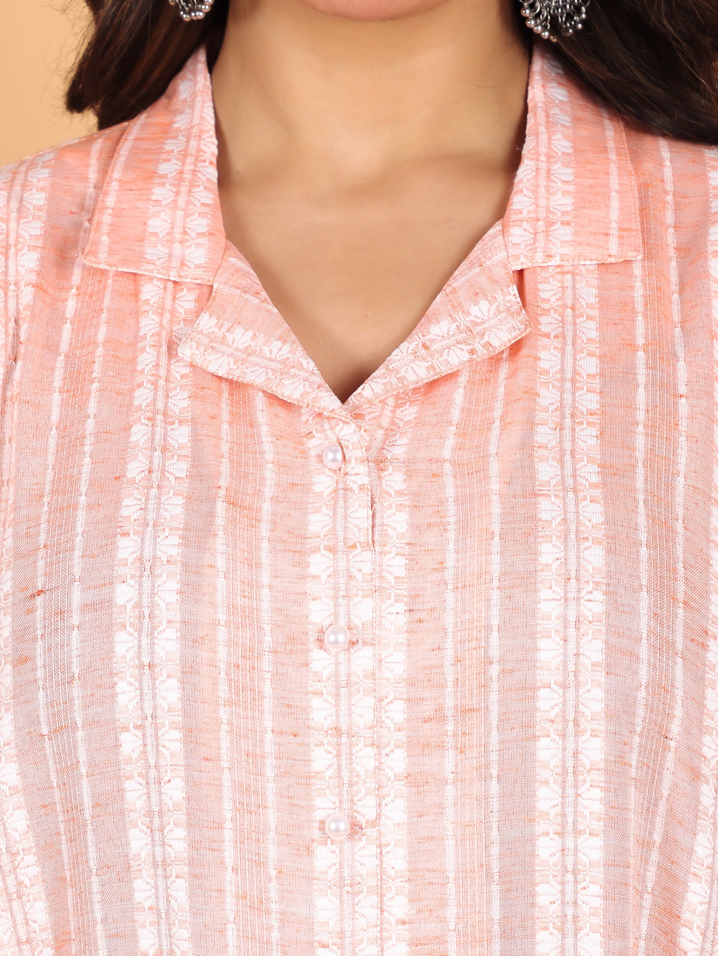 Blend Cotton Self Design A-line Pink Kurta