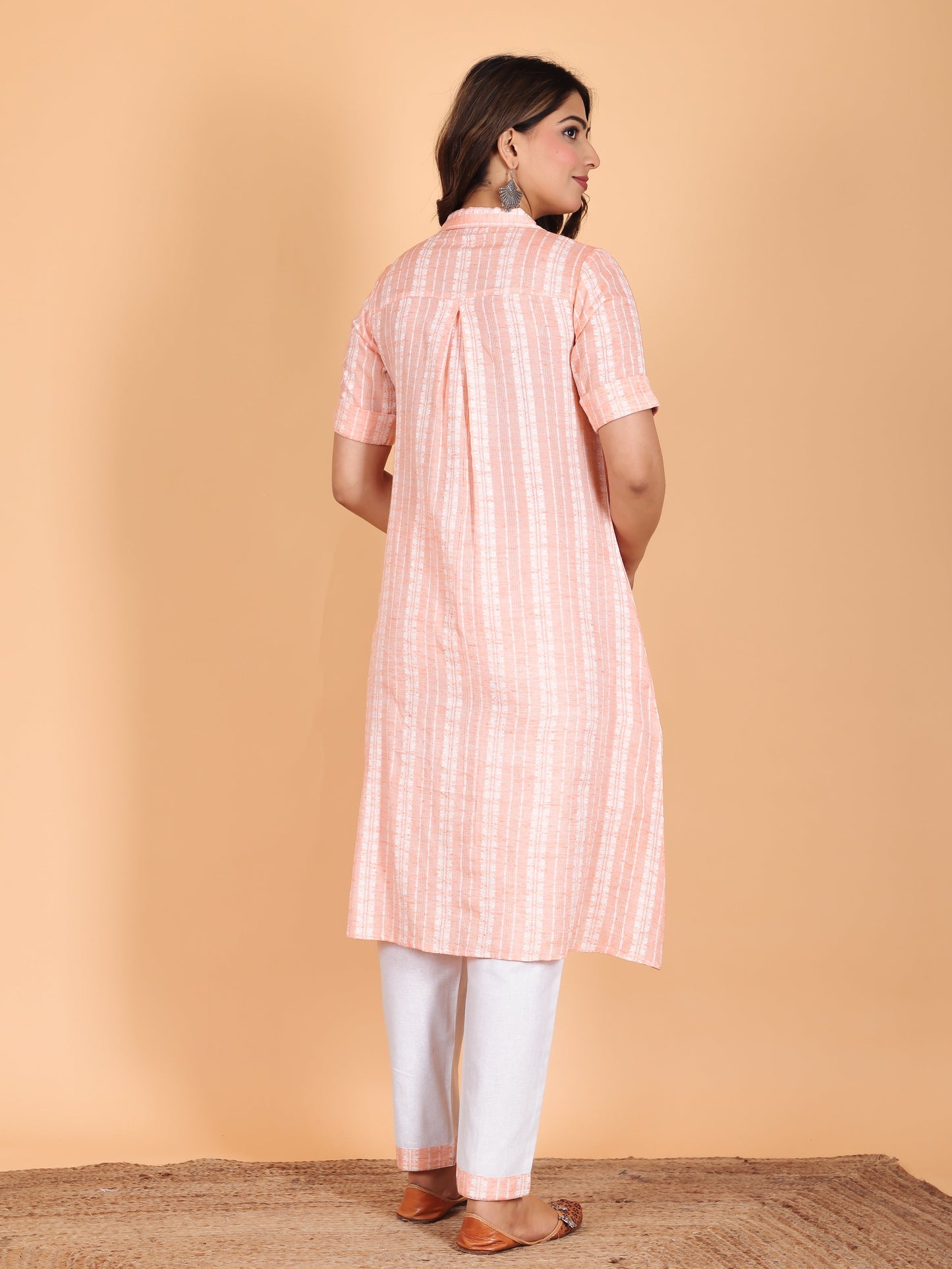 Blend Cotton Self Design A-line Pink Kurta