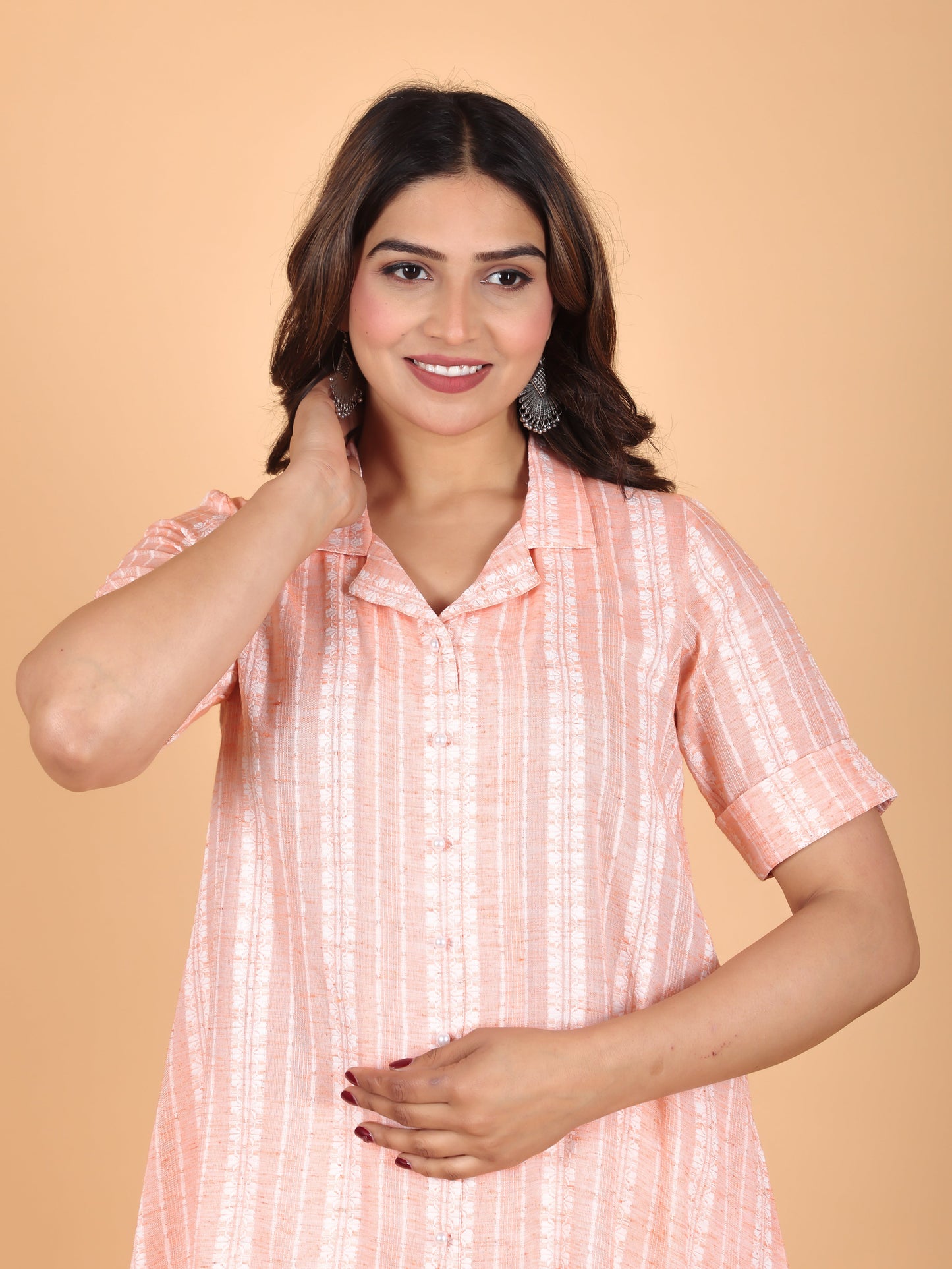 Blend Cotton Self Design A-line Pink Kurta