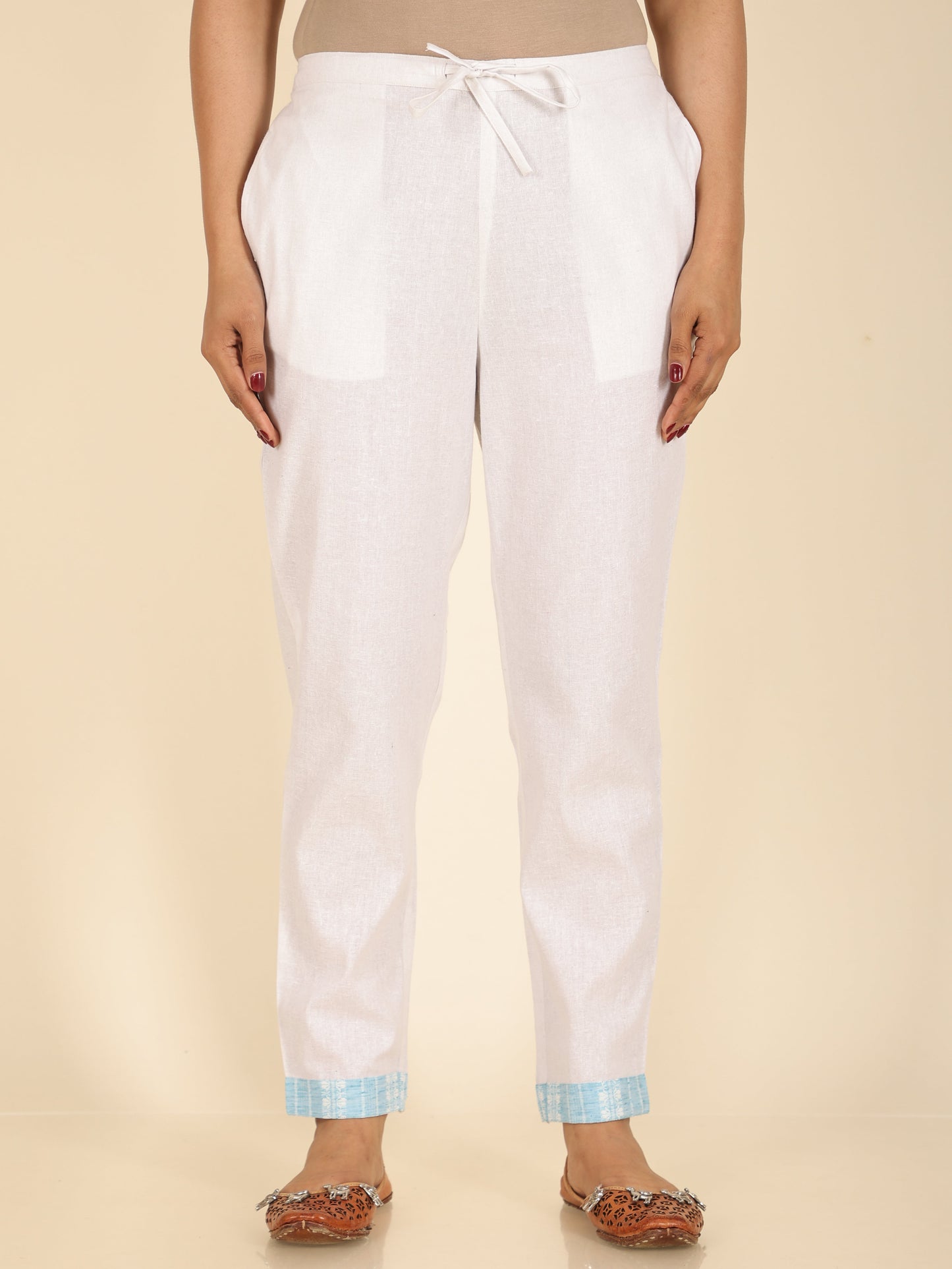 Blend Cotton Solid White Tapered Trousers