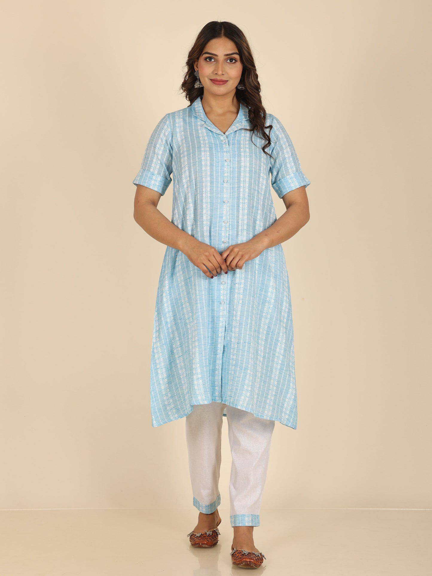 Blend Cotton Self Design A-line Blue Kurta