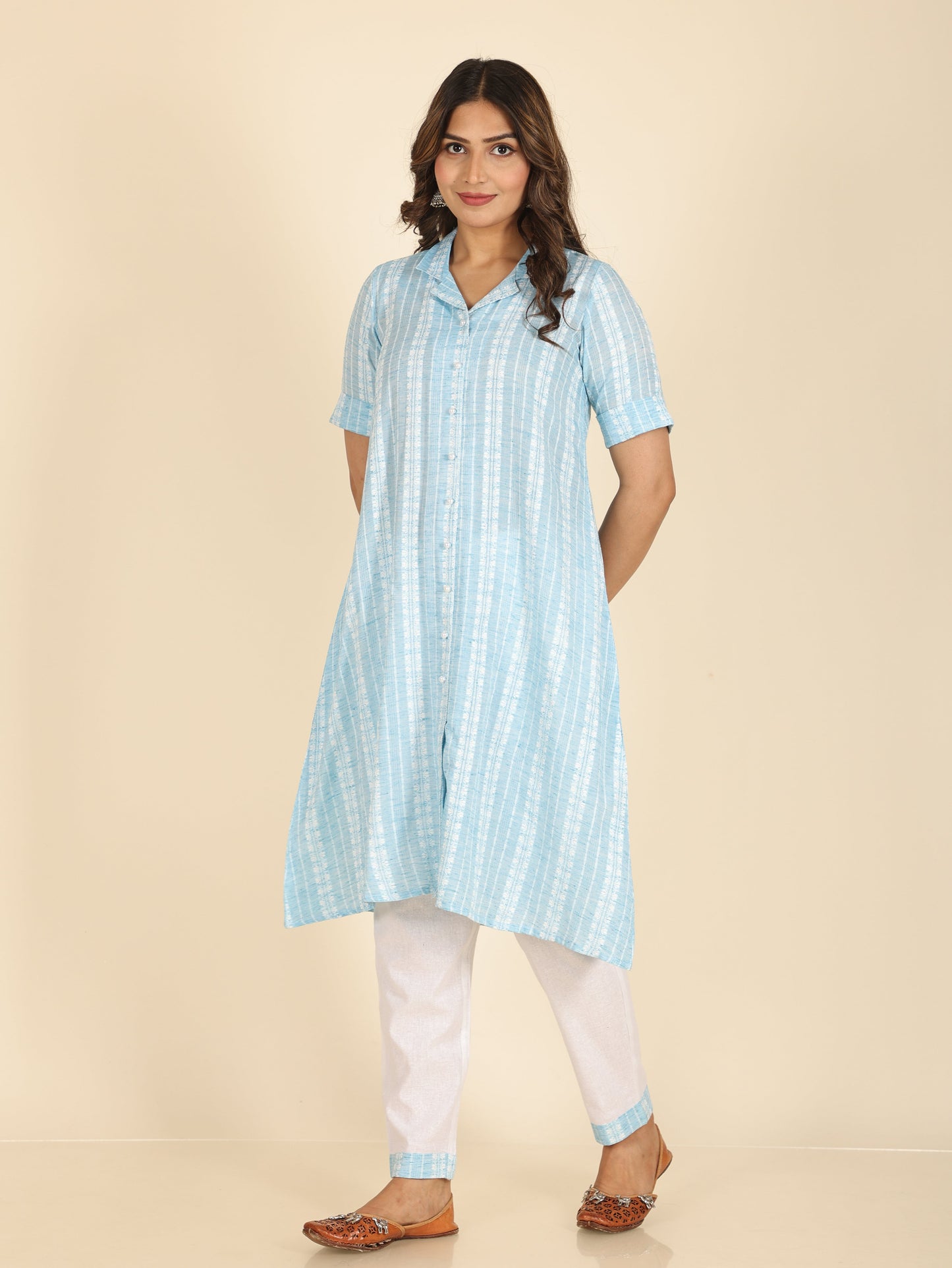 Blend Cotton Self Design A-line Blue Kurta