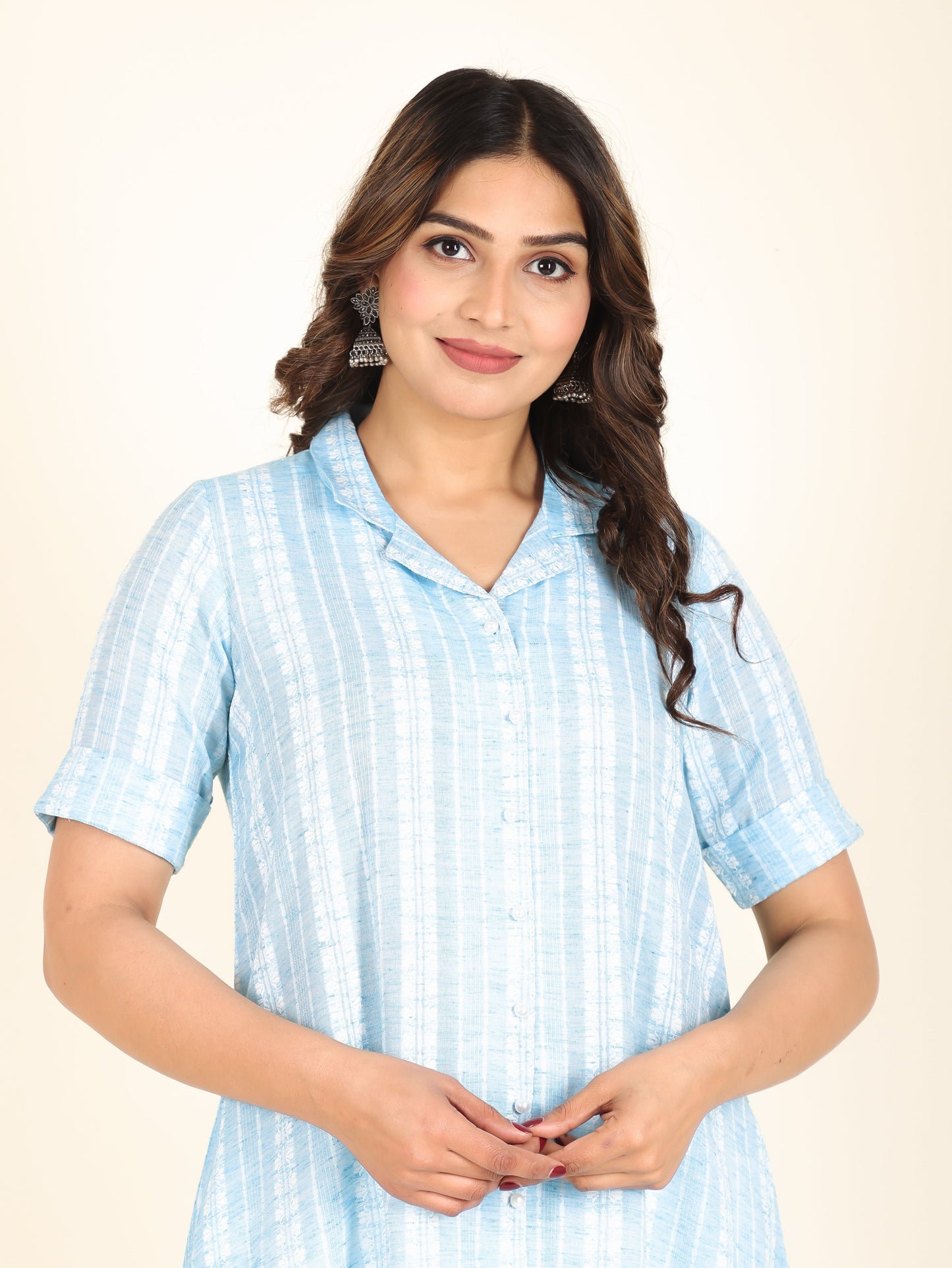 Blend Cotton Self Design A-line Blue Kurta