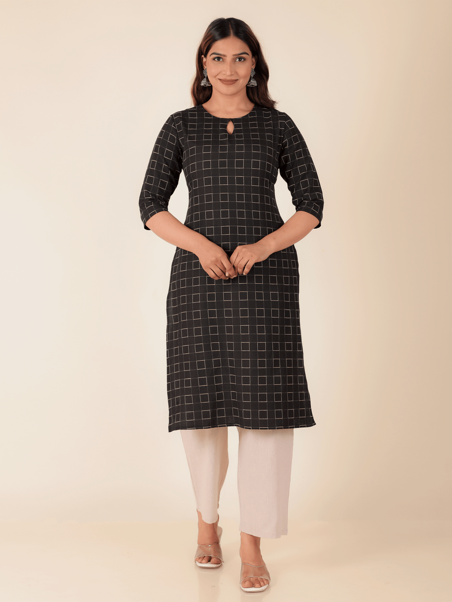 Blend Cotton Woven Design Straight Black Kurta