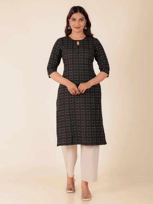 Blend Cotton Woven Design Straight Black Kurta