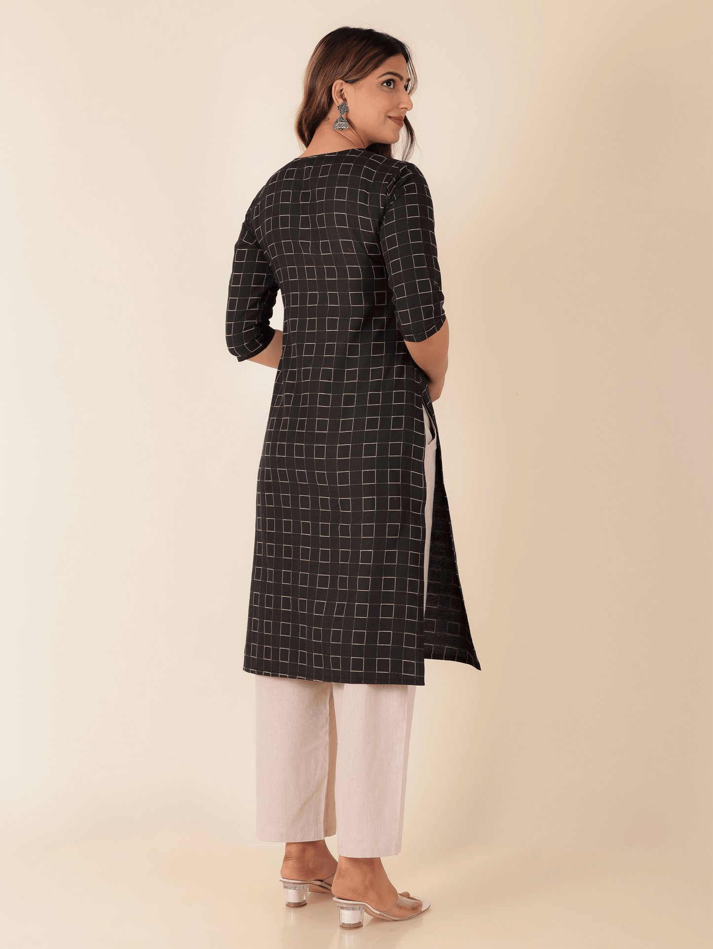 Blend Cotton Woven Design Straight Black Kurta