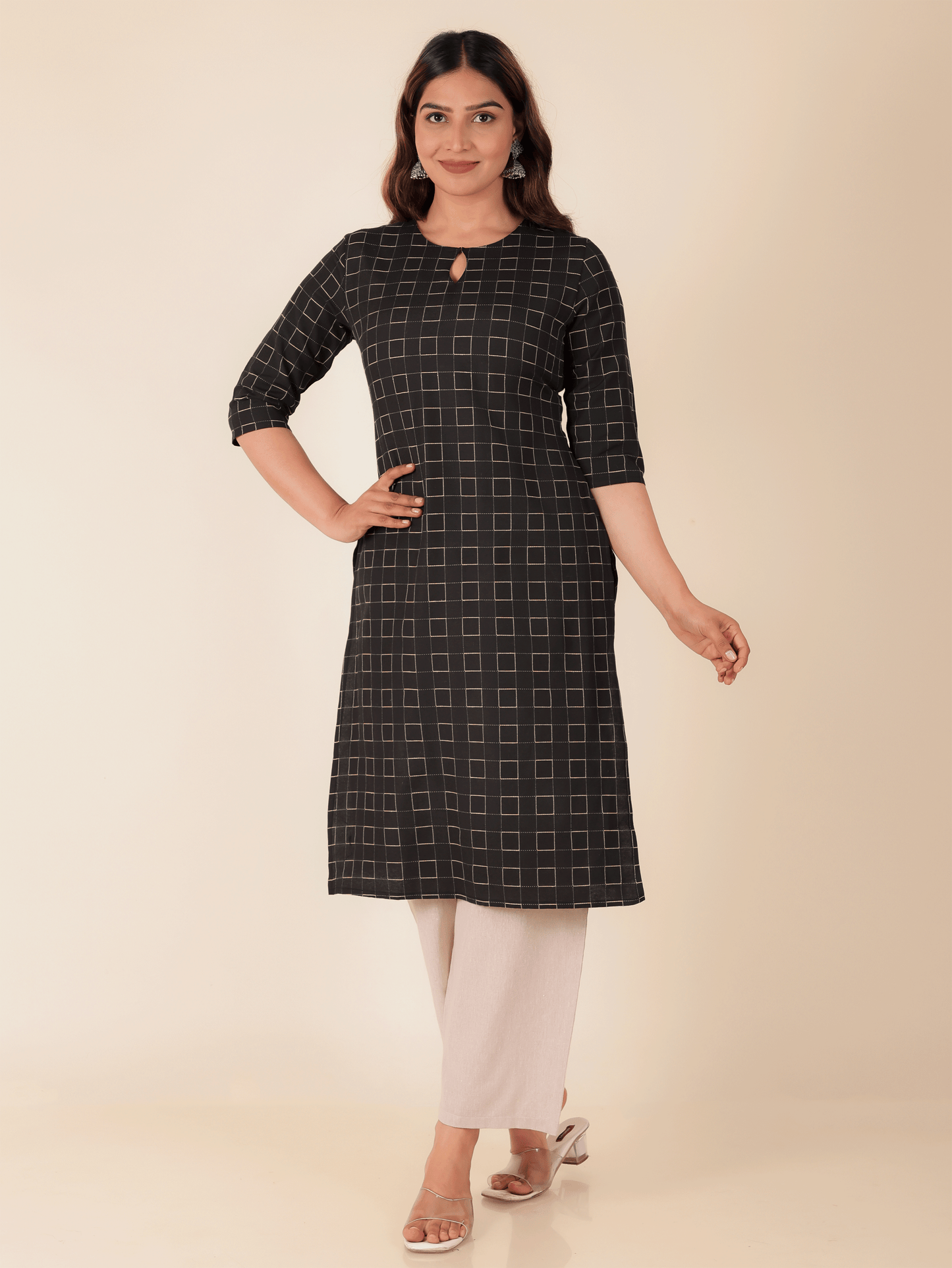 Blend Cotton Woven Design Straight Black Kurta