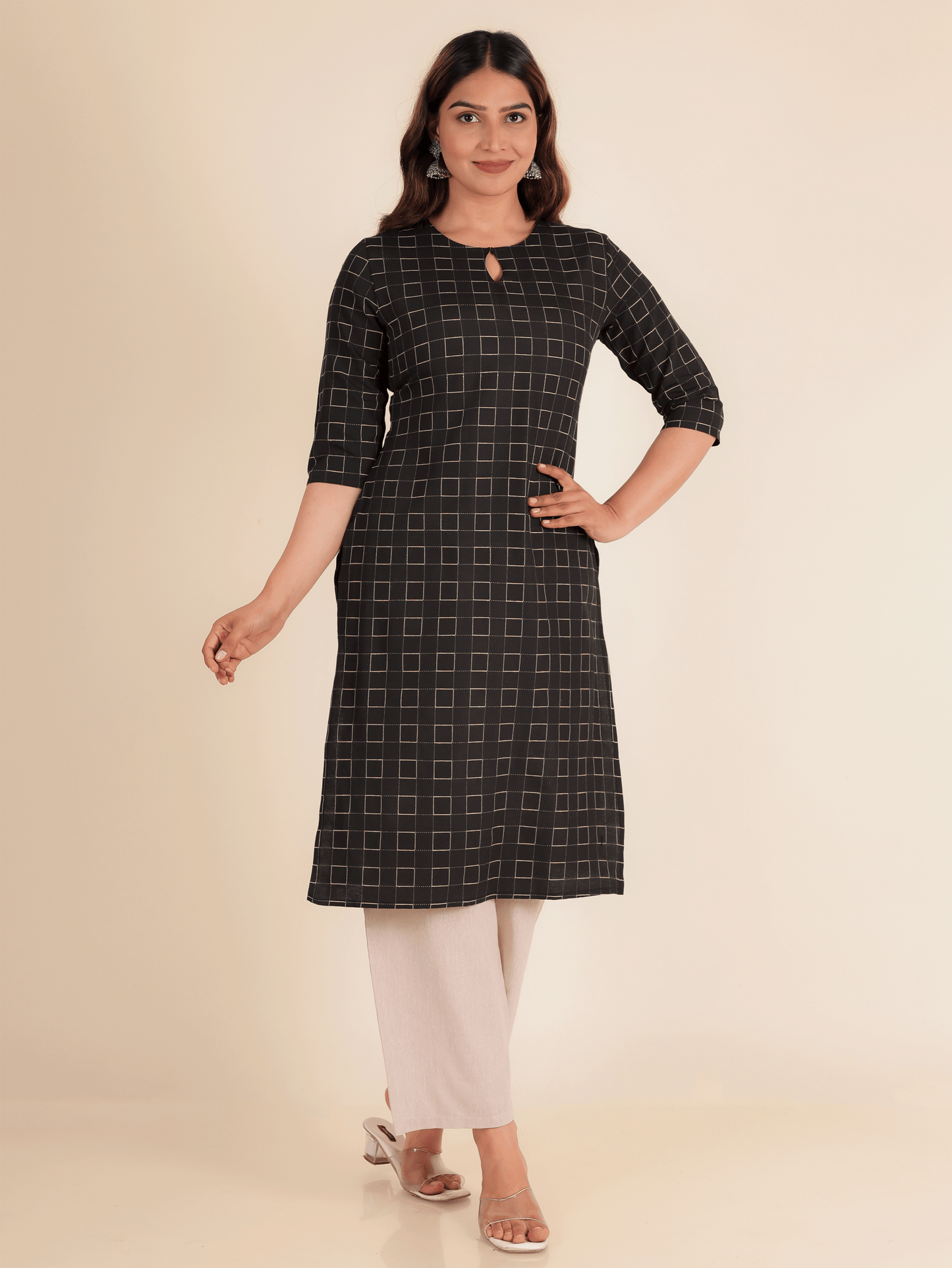 Blend Cotton Woven Design Straight Black Kurta