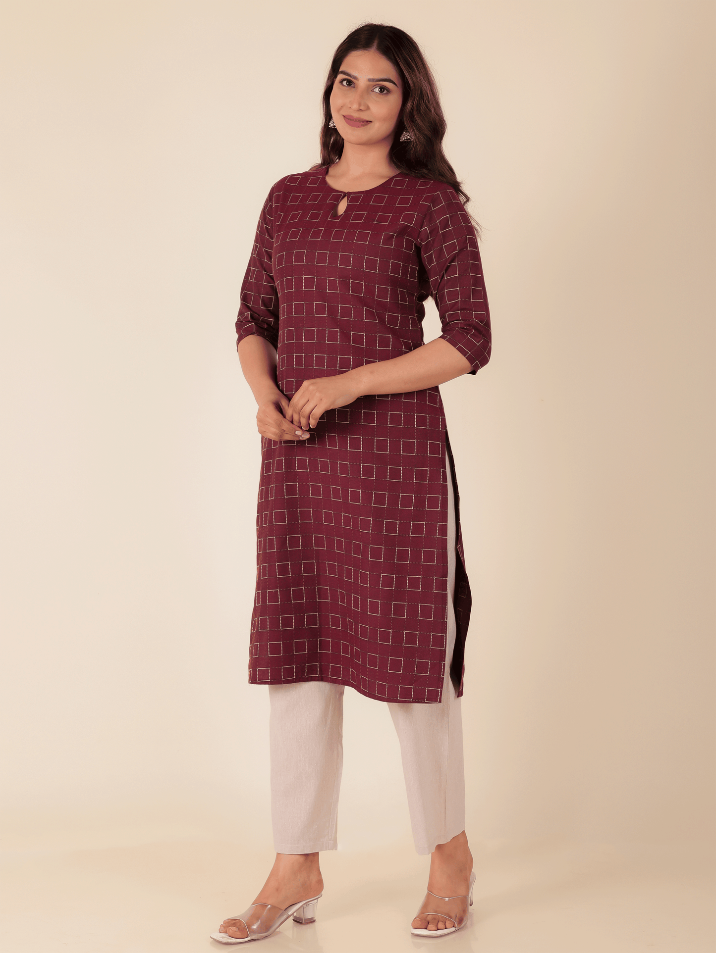 Blend Cotton Self Design Straight Maroon Kurta